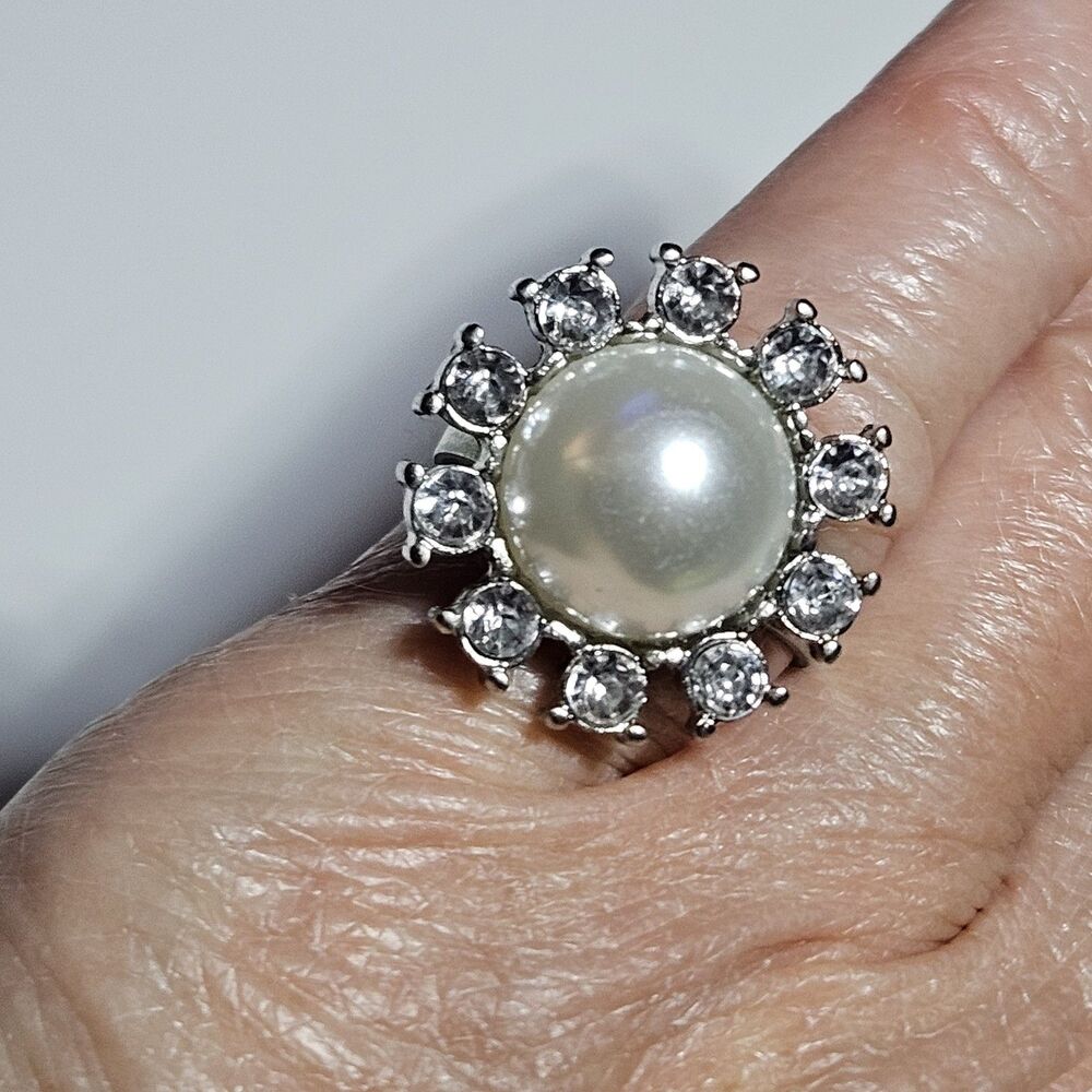 Silver Tone Faux Pearl Clear Rhinestone Accents Adjustable Ring